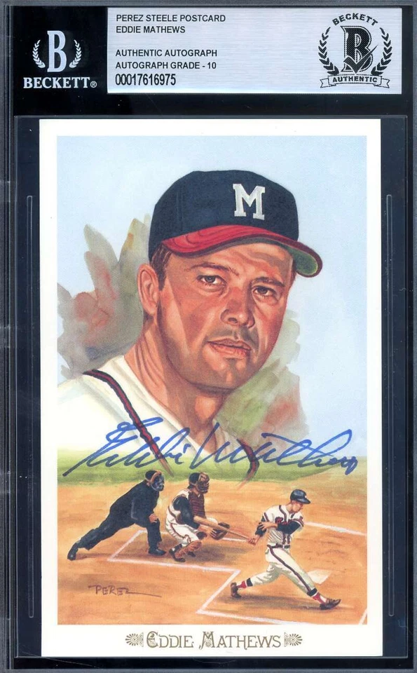 Eddie Mathews Gem Mint 10 Beckett BAS Signed Perez Steele Celebration Postcard A - Image 1 of 2