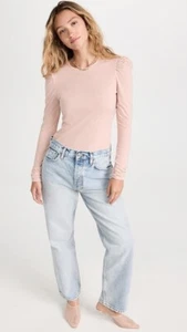 REBECCA TAYLOR Soft Blush Pink Cotton Ruched Long Sleeve T-Shirt, Size S - Picture 1 of 10