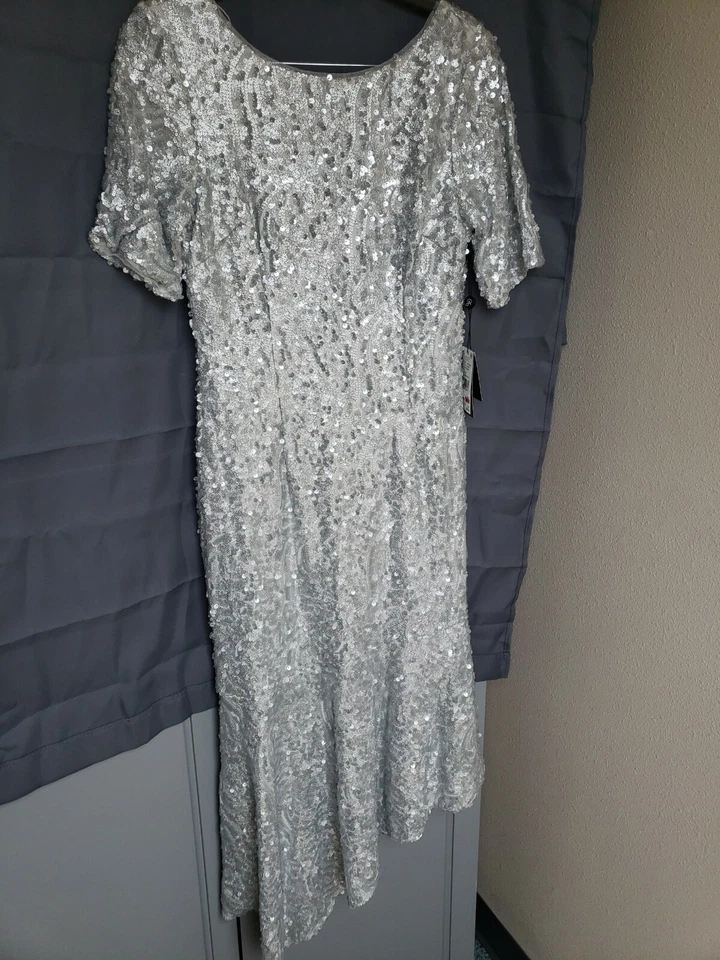 Adrianna Papell Womens Silver Sequined Asymmetric Ruffled Midi Dress 8 BHFO 1786