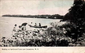 POSTCARD BOATING ON SPIRITWOOD LAKE JAMESTOWN NORTH DAKOTA -1911 - Picture 1 of 2