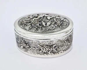 ANTIQUE CHINESE EXPORT SOLID SILVER PRUNUS TREE OVAL BOX c1900 - Picture 1 of 7