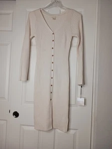 Sweater Dress Large Ribbed Knit Cardigan Long S. Button Front Cream Ivy Midi NWT - Picture 1 of 9
