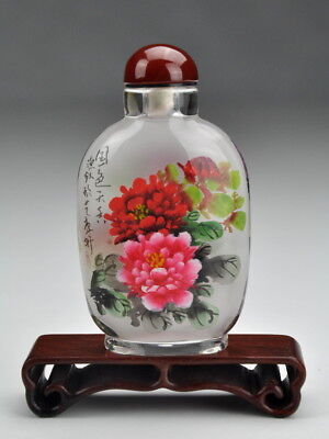 Snuff Bottle  Pfingstrosen  Chinesische Schnupftabakflasche Glasmalerei Glas • 29€