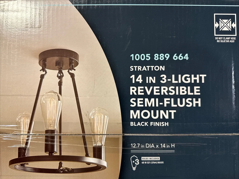 HAMPTON Stratton 3-Light Black Semi Flush Mount without Shade