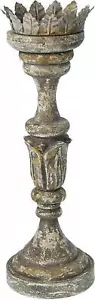 Candleholder Candlestick Brown Distressed Gray Gold Accents Wood Carved - Picture 1 of 1