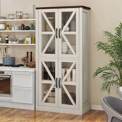 66 inches Kitchen Food Pantry Storage Cabinet Cupboard with Glass Doors & Shelve - Image 1 of 4