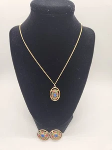 Vintage Sarah Coventry Gold Tone Necklace/Matching Earrings Set Blue Red Green - Picture 1 of 12