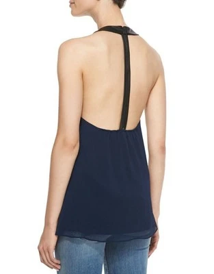Alice + Olivia Women's XS/TP Haber Leather T-Back Oversize Top Navy Blue Trendy - Image 1 of 4