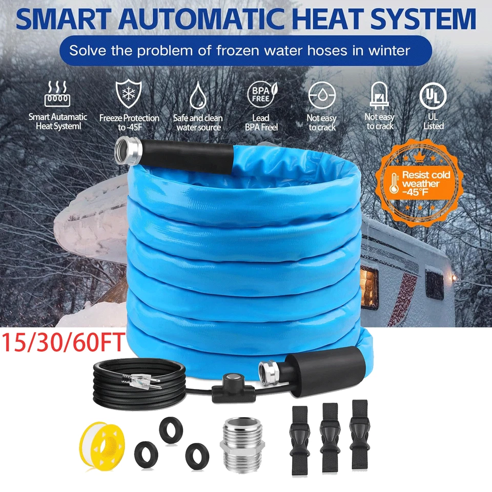Manguera de agua caliente de 15/30/60 pies para RV -45 °F manguera de agua potable climatizada anticongelante Foto 1 de 4