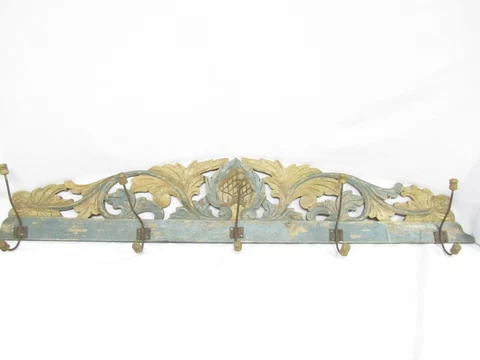 Vintage Antique Carved Pediment Wooden  Coat Rack Chippy Paint French Country Cover