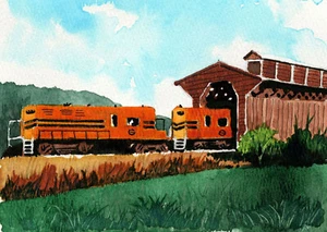 Fisher Covered Railroad Bridge & Orange Train, Wolcott, Vermont. Art Prints - Picture 1 of 2