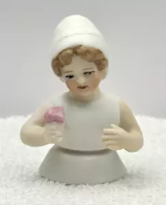 Vintage Porcelain Half Doll Figurine Pin Cushion - 2.5" Tall Girl Child - Flaws - Picture 1 of 10
