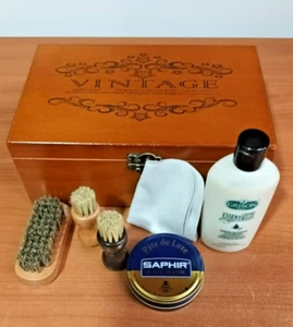 COFFRET BOIS VINTAGE CIRAGE NOIR ENTRETIEN CUIRS CHAUSSURES AVEC ACCESSOIRES - Picture 1 of 12
