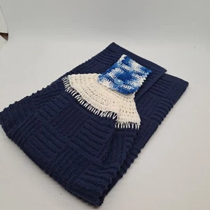 Handmade Kitchen Towel With Crochet Button Loop Top Navy Blue/ White Blue Top - Picture 1 of 6