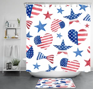 Star Love Heart US Flag Independence Day Shower Curtain Bathroom Accessories Set - Picture 1 of 18