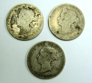 1872 H 1874 H 1900 CANADA 25 CENT BARGAIN SILVER COINS, FREE SHIPPING IN USA - Picture 1 of 2