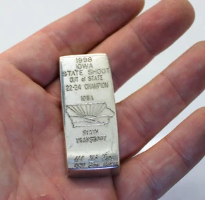 Rare 1998 Iowa Trapshooting Champion Odd Weight Mains, LV 3.2 Oz 999 Silver Bar - Picture 1 of 4