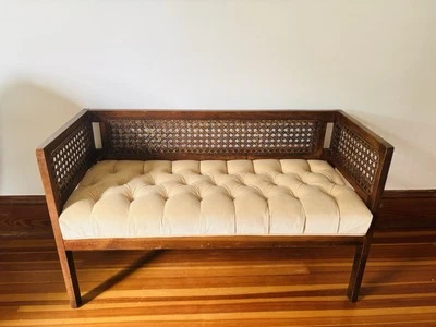 VTG Mid Century Tufted Velour Cane Wood Bench Settee Hollywood Regency Boho - Image 1 of 4