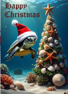 HANDMADE TURTLE CHRISTMAS CARD WITH FESTIVE SEA TURTLE WEARING A XMAS HAT WITH XMAS TREE