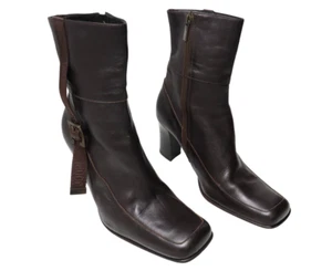JOOP Shoes Women's (EU) 40 Brown Leather Cut Belt Side Zipper Block Heel Boots - Picture 1 of 22