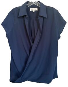 Philosophy Women's Wrap Style Draped Collared Blouse Top Short Sleeve Sz M Navy