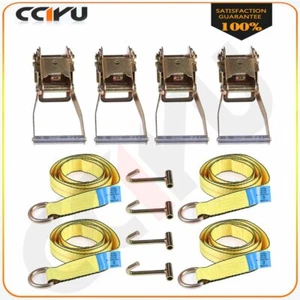 4x Lasso 4x Wheel Lift Straps 4x 2" Ratchets J Finger Hooks Tow Truck Tie Down - Picture 1 of 9