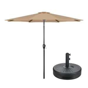 9FT Outdoor Umbrella with Push Button Tilt and Crank and 50lbs Base Stand Tan - Picture 1 of 8