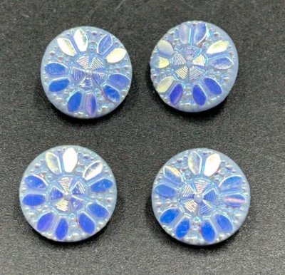 Set of 4 Glass Buttons - Blue - 13mm - Floral Geometric Pattern - Image 1 of 4