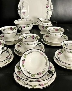 Rare Early Shelley Hand Painted Tea Set (21 Pieces), Rose Garland, Black Rims - Picture 1 of 20