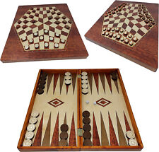 3-in-1 Backgammon + Schachspiel und Dame für 3 Personen aus Holz 35x35 cm