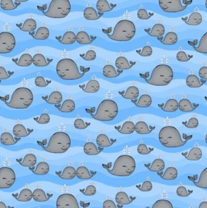 BOLT END 34 INCHES Gray Whales on Blue Waves Comfy Cotton Flannel Fabric - Picture 1 of 1