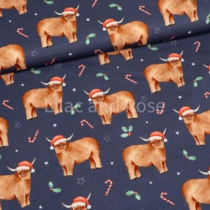 Christmas Jersey Fabric, Navy Highland Cow Fabric, Stretch Knit Fabric - Picture 1 of 4