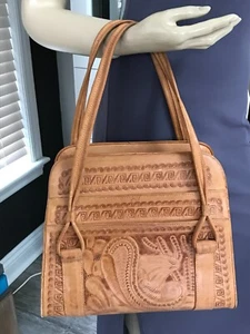 VTG Women Sombrero Hand Tooled Genuine Leather Purse Handbag Mexico - Picture 1 of 8