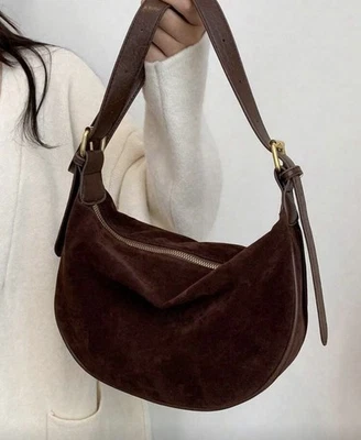 Chocolate Brown Suede Crescent Hobo Bag Slouchy Gold Hardware Shoulder Bag Fall - Image 1 of 4