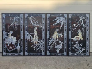 Vintage Rare 4 Panel Vietnamese Mother of Pearl Inlay Lacquer Lady In Garden - Picture 1 of 24