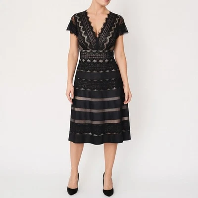 NWT JS Collections Black Nude Lace Illusion Midi Dress Sheer Stripe Size 6 - Image 1 of 4