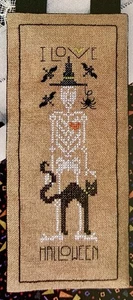Drawn Thread I Love Halloween Cross Stitch Pattern Skeleton Black Cat Hanger - Picture 1 of 3