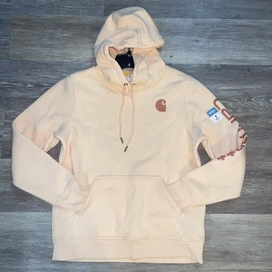 Carhartt Hoodie Women’s Pink Sz. M Relaxed Fit Sweatshirt Sleeve Spell Out - Picture 1 of 4