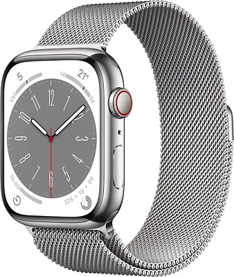 Apple Watch Series 8 4G 45mm Edelstahl silber Milanaise silber MNKJ3TY/A - Bild 1 von 4