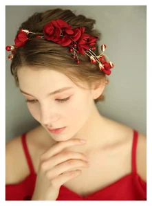 Chargances Wedding Bride Floral Red Headband Crystal Gold Hair Vine with Pearl R - Picture 1 of 12