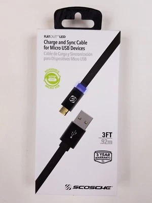 Charge and Sync Cable for Micro USB Devices 3 ft FlatOut LED - NEW! Scosche - Image 1 of 2