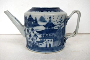 Antique Blue And White Chinese Teapot Long Spout With Hand Painted Scenic Design - Picture 1 of 16