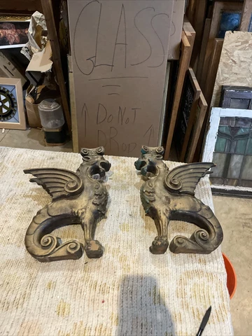 pair antique carved oak wind griffin Painted, 15.25 x 12 x 5 Cover