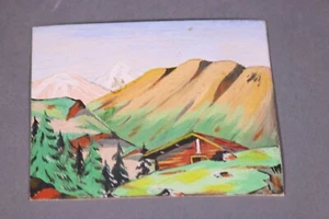 Original tableau gouache chromotransfert PAYSAGE MONTAGNE CHALET SAPIN 50/60 - Picture 1 of 2