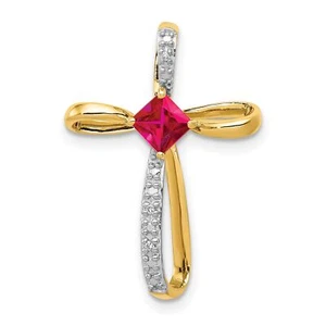 14k Two-Tone Gold Lab Created Ruby and Diamond Cross Slide Chain Slide Pendant - Picture 1 of 7