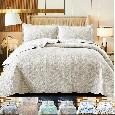 3 Piece Quilted Bedspread Patchwork Bedding Set Single Double King Size Throw - Image 1 of 4