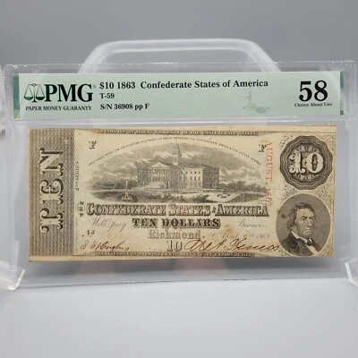 1863 $10 T-59 CONFEDERATE PMG AU58 Hammer Cut Cancelled - Image 1 of 2