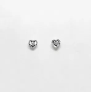 Pair Sterling Silver Heart Shape Natural Diamond Pierced Earrings .10ct TW - Picture 1 of 5