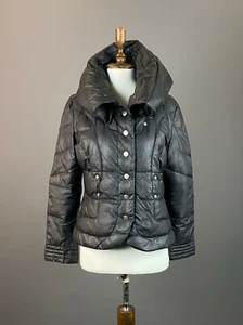 Ladies Karem Millen Black Button Down Quilted Puffer Down Jacket Size 10 - Picture 1 of 9