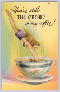 Risqué Linen Postcard Lady in Coffee Cup Comic Pinup Humor - Picture 1 of 3